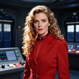 Tom Baker as Doctor Who in red outfit in Tardis secondary control room