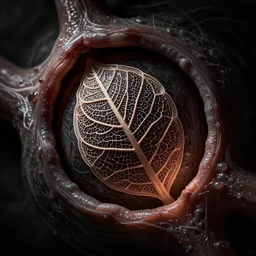 extreme close up of a retina, made of intricate decorative lace leaf skeleton, in the style of the dutch masters and gregory crewdson, dark and moody
