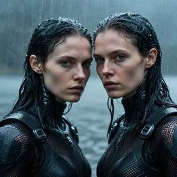cinestill 5 0 d candid photographic portrait by helen levitt of two loving skandinavian female androids wearing rugged black mesh techwear in treacherous waters, extreme closeup, modern cyberpunk moody depressing cinematic, pouring rain, 8 k, hd, high resolution, 3 5 mm, f / 3 2, ultra realistic faces, ex machina