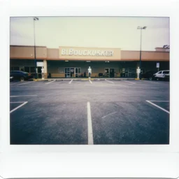 polaroid photograph of an empty blockbuster store parking lot, liminal space, familiar place, mannequins, black mold, amateur, 3 5 mm, raw, 4 k, hd