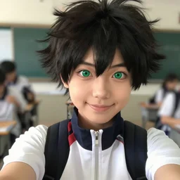 a selfie taken by a very handsome smiling boy at school, looks like iziku midoriya!, big green eyes!, sharp focus, depth of field, ultra realistic, highly detailed, charming, beautiful, amazing