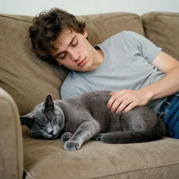“1980s comic adult laying on sofa with Russian blue cat sleeping on him”