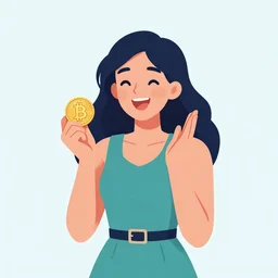 happy woman wearing dress holding a bitcoin coin in her hands and excited. art, illustration.