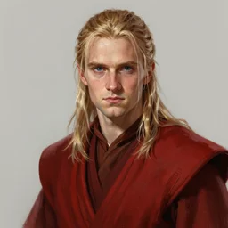 portrait of a man by greg rutkowski, he is about 2 0 years old, he looks like young geralt of rivia, wearing red jedi robes, star wars expanded universe, highly detailed portrait, digital painting, artstation, concept art, smooth, sharp foccus ilustration, artstation hq