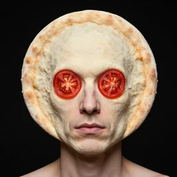portrait of man with a rare facial deformity making the head a flat and circular disc, looking like a pizza, doughy skin with crust like structure, features that look like tomato slices, soft lighting, sharp focus, highly symmetrical, black background, masterpiece, case photo by letizia battaglia
