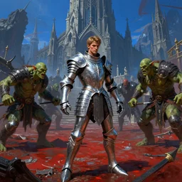 trailcam footage grotesque horrific stylistic vray 3 d render of silver ornate armor slim bodybuilder handsome warriors in battle against green orcs, mountains and giant gothic abbeys in the background, hyperrealism, fine detail, 8 k, artsation contest winner, high contrast color scheme, blue at the background red at the foreground, fantasy art, cryengine, brush strokes, oil canvas by mandy jurgens and michael whelan