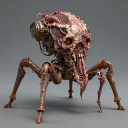 technobiological rusty chaotic machine on many little legs consisting of ripped flesh and iron and bones and guts and meat and skin and veins and entrails. biopunk, bodyhorror, very rust, high detail, photorealism, full length view, octane render, cgsociety