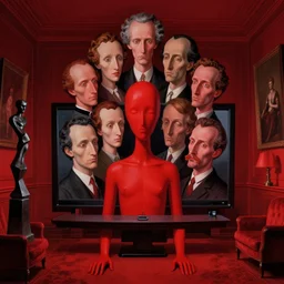 only with red, one red body with ten of heads with different personalities and expressions, luxury room with monitor, in the style of beksinski, parts by edward hopper, parts by rodcenko, parts by yue minjun, intricate composition by bosch, red by caravaggio, insanely quality, highly detailed, masterpiece, red light, artstation, 4 k