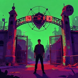 digital illustration still of a man standing in front of the gates of a rundown abandoned radio active amusement park, digital art, by alex pardee, neon green red and purple color scheme,