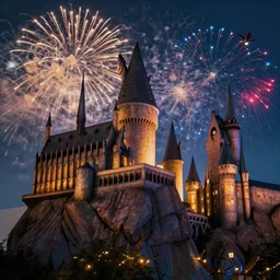 hogwarts castle with fireworks and wizards flying on brooms in the night sky, volumetric lighting, 8 k octane beautifully detailed render, post - processing, extremely hyper - detailed, intricate, epic composition, cinematic lighting, masterpiece, trending on artstation, detailed detailed detailed, masterpiece, stunning art by anders zorn, wonderful masterpiece by greg rutkowski, beautiful cinematic light,