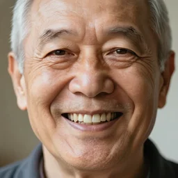 smiling old man with no eyes but eyes for teeth, super realistic