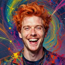 a portrait of a laughing man with ginger hair, by ross tran, psychedelic, rainbow, swirling splattered colors, otherworldly, abstract
