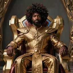 portrait photography of a regal handsome wealthy Wakanda king on his afro futuristic throne, photorealism, highly detailed, shot by Joshua Rashaad McFadden