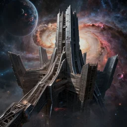 monstrous iron castle in the chaos nebula, detailed angular architecture, geometric ramparts, huge battlements, brutalist design, heavy metal infrastructure, space, nebulae, by greg rutkowski, jim starlin and artstation, epic cosmic atmosphere, planets, photorealism, complex color scheme, uhd