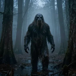 a portrait the legend of boggy creek swamp monster in a foggy bog at night, cinematic, wildlife photography, 4 k, moody lighting, volumetric light