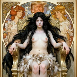 highly detailed portrait of donald trump as a cute girl with feathers, endless black hair, with pale skin, fibonacci, fragile, sitted on an intricate stone throne by alphonse mucha, nicola samuri, dino valls, m. w. kaluta, rule of thirds, seductive look, 4 k resolution