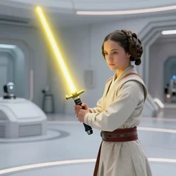 screenshot of Princess Leia training to use a yellow lightsaber at a new Jedi Temple scene from The Force Awakens, 1970s film by Stanley Kubrick, serene, iconic scene, stunning cinematography, hyper detailed, sharp, anamorphic lenses, kodak color film, 4k