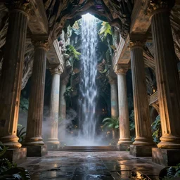 a fantasy elven hall interior in the style of a waterfall cave, huge Greek columns, wet floors, high ceiling, dark moody lighting, foggy atmosphere, bright colors, by john howe, octane rendering