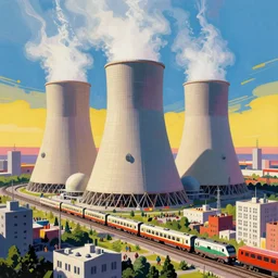 utopian nuclear power station in a bustling city with trains and crowds, bright colours, in the style of Edwin La Dell, post-war