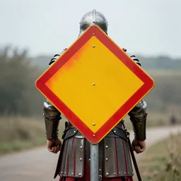 gladiator wearing a road sign on his kilt, red and yellow road sign armor