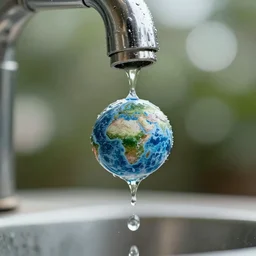 a drop of water in the shape of a planet coming out of a water faucet, bokeh photograph