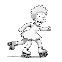 black and white caricature drawing of Lisa Simpson on roller skates, chasing a boy