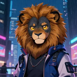 character portrait of a male anthro black lion fursona with a cute beautiful attractive detailed furry face wearing stylish cyberpunk clothes in a cyberpunk city at night while it rains. hidari, color page, tankoban, 4K, tone mapping, Akihiko Yoshida.