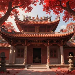 chinese temple, perspective, red, dappled light, looking up, studio ghibli, peter mohrbacher style, vietnamese patik, rendered in houdini. vfx, particles, magic, unreal hd artstation trending 8 k