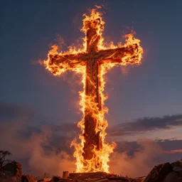 a beautiful hyperrealistic detailed 3D render of a burning cross, by Anton Otto Fischer, Atey Ghailan, genzoman, unreal engine, octane render, gigantic, 3D, brilliantly coloured, intricate, ultra wide angle, trending on artstation, embers, smoke, dust, dusk, volumetric lighting, HDR, polished, micro details, ray tracing, 8k