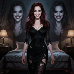 gorgeous alyson hannigan, evil dead movie, full body shot, torn black dress, evil smile, spooky, illustration, symmetrical face realistic symmetrical eyes, bedroom setting, cinematic lighting, evil dead, artgerm, hyperdetailed, charlie bowater, ellen jewett, beautiful, elegant