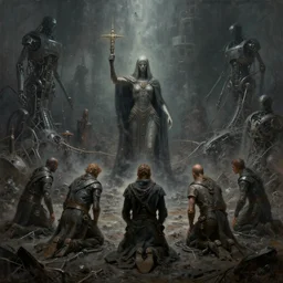 highly detailed subjective futuristic painting outlining the process where the ai enhanced arbiter of fate beckons his disciples to kneel to the coming onslaught of universal decay by greg rutkowski, by james paick, by hernando gaswater, 4 k resolution, octane render, dark moody muted color scheme, robotic wire infested hellscape
