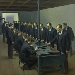 assembly line, human subjugation, mind control, dystopian, pj crook, edward hopper, oil on canvas