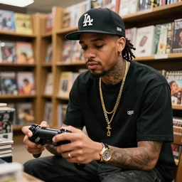 photo of jacksepticeye playing a video game in a bookstore, realistic detailed, sharp focus, award - winning