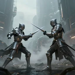 hyperrealism fantasy knight characters fight scene concept portrait, digital art, wallpaper of an fantasy fight, background of sci fi city in fog, diffused lighting, 8 k dop dof hdr