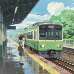 only one train, railway station, the movie the garden of words by makoto shinkai, a littlebright color, light rain, moist, 8 k, unreal engine
