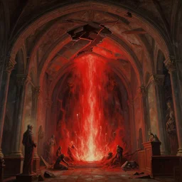 a chapel's ceiling is broken in half as a red magical portal from hell opens up there. highly detailed painting by gaston bussiere, greg rutkowski 8 k