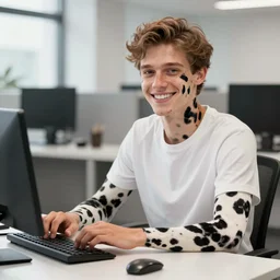 handsome young man, sitting at office desk, smiling, dalmatian skin, hyper realistic, 4 k, bright, happy, photograph, high detail,