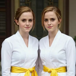 portrait of lindsey pelas and emma watson wearing white kebaya and yellow silk belt, jakarta, by charlotte grimm, natural light, detailed face, beautiful features, symmetrical, canon eos c 3 0 0, ƒ 1. 8, 3 5 mm, 8 k, medium - format print,