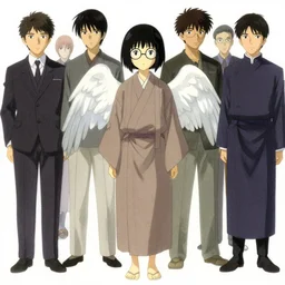 concept art of a shy japanese girl with wings and short black hair, wearing round glasses and a long robe, drawn by akihiko yoshida and tsutomu nihei and makoto shinkai and wadim kashin and john berkey and yoji shinkawa