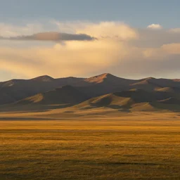 landscape photography, mongolian steppe, warm lighting, golden hour, mountains, clouds, beautiful, 4 k, hd