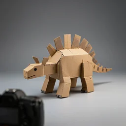 a toy stegosaur, built using cardboard, dslr, soft lighting