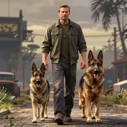 Man walking along german shepherd, detailed, GTA V character