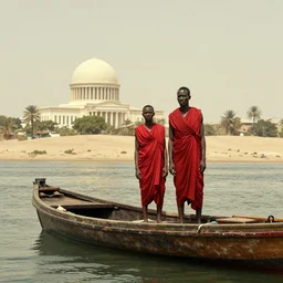 movie still by djibril diop mambety of a man in red drapery in a blood barque on a river next to a neoclassical spherical city in the desert, leica sl 2 5 0 mm, heavy grain, high quality, high detail