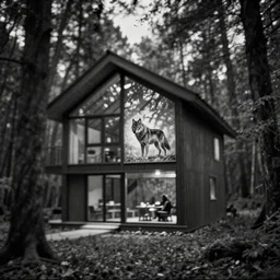 modern house in the wood, wolf, artwork by William Blake, night, pinhole analogue photo quality, monochrome, blur, unfocus, cinematic, 35mm