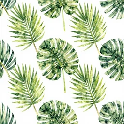 repeating pattern seamless. watercolor. tropical palm leaves, warm light, green, flat color hyperrealistic, detailed