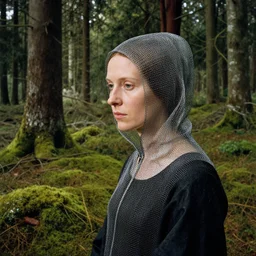 a woman wearing a hood made of wire and plastic, in vast mossy forest, by jan van eyck, canon eos c 3 0 0, ƒ 1. 8, 3 5 mm, 8 k, medium - format print
