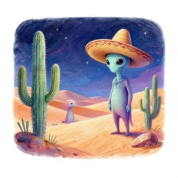A hand drawn digital still of mystical desert with strange ethereal creatures and cactus with a psychedelic night sky, A alien with a sombrero is walking thru the desk drunk drinking a beer in the style of Alex Grey and Moebius, risograph, Artstation HD, 8k, Surrealistic digital artwork,