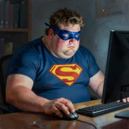 a insanely detailed painting of an overweight masked superhero wearing a costume that's too small, staring at the computer nervously clicking on the mouse in the style of peter mohrbacher, dramatic lighting and composition, trending on artstation, concept art, comic book