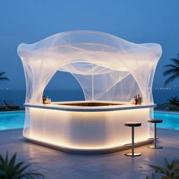 a bar made with translucid fabric, swimming pool in front, parametric, blue hour, hyperrealistic, elevation, vray, unreal engine, trending on artstation