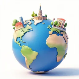 llustration of the globe with 3 d top touristic attractions on it, 3 d render, 3 d model, smooth, illustration